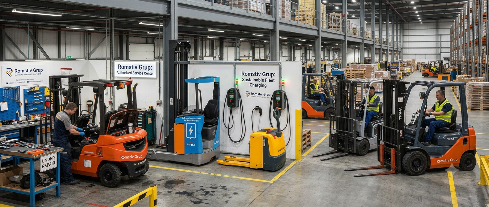 Forklifts in an industrial warehouse